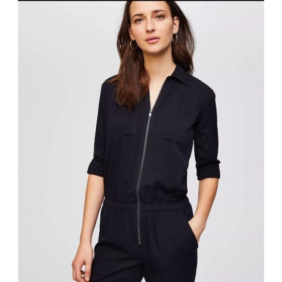 LOFT Utility Jumpsuit Women's Size Small Front Zip Black 100% Rayon Ankle NEW‎ - Picture 3 of 15